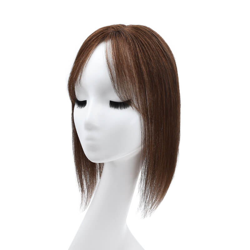 Daphne – Topper de cheveux humains avec frange pour cheveux fins, Base en dentelle 6x9CM, brun moyen