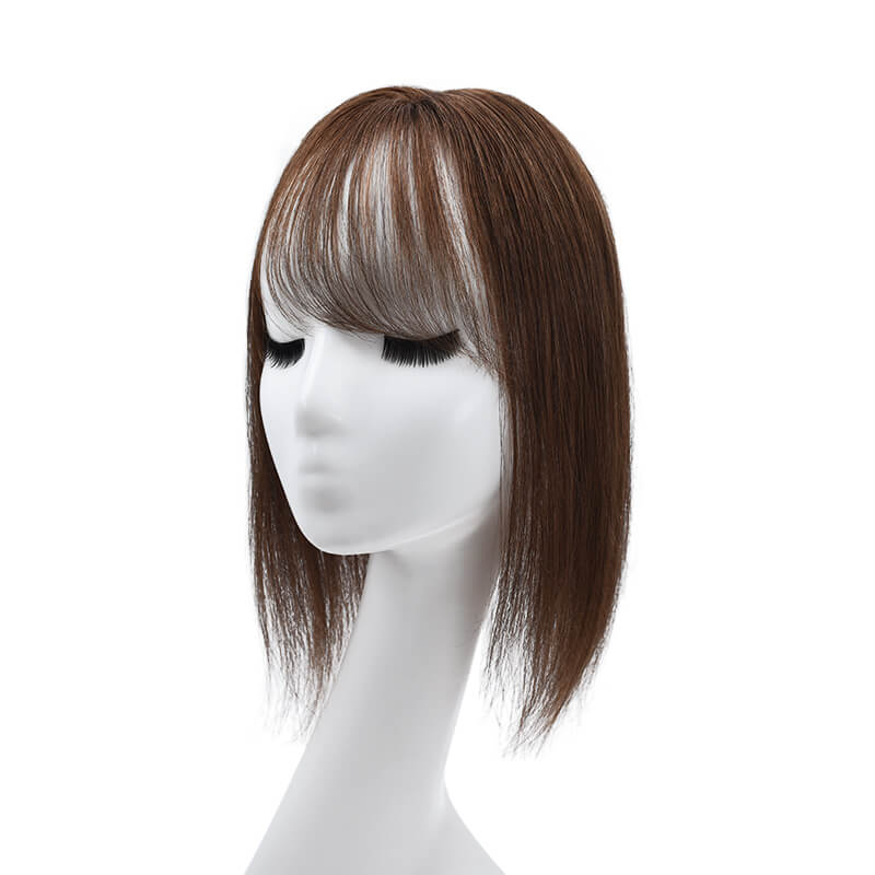 Daphne – Topper de cheveux humains avec frange pour cheveux fins, Base en dentelle 6x9CM, brun moyen
