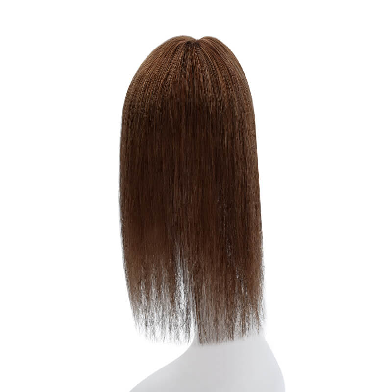 Daphne – Topper de cheveux humains avec frange pour cheveux fins, Base en dentelle 6x9CM, brun moyen