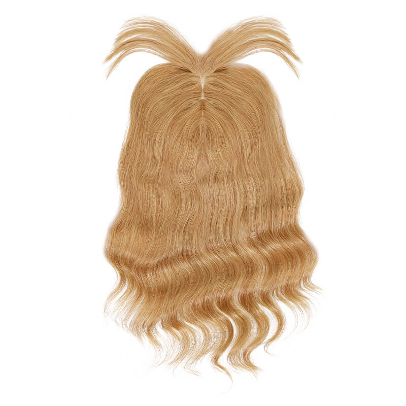 Susan – cheveux humains ondulés avec frange pour couronne amincissante, Base en soie, blond foncé, 10x12cm