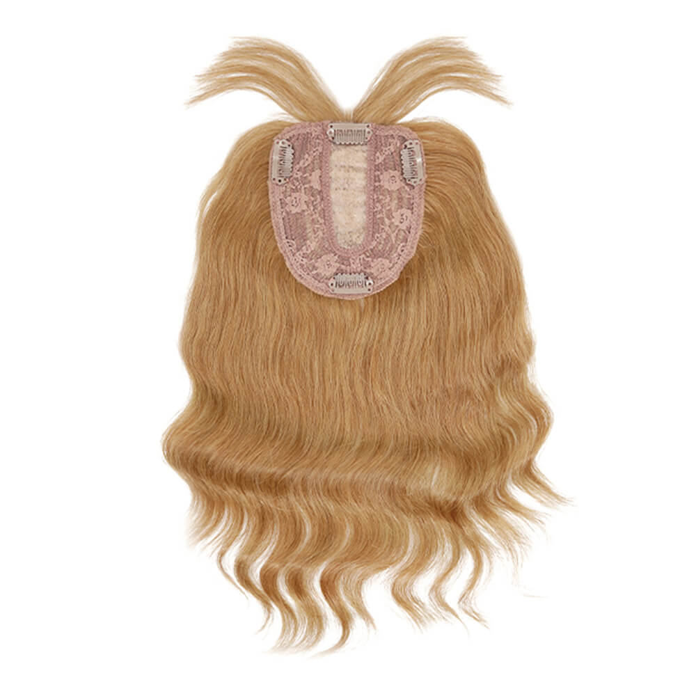 Susan – cheveux humains ondulés avec frange pour couronne amincissante, Base en soie, blond foncé, 10x12cm