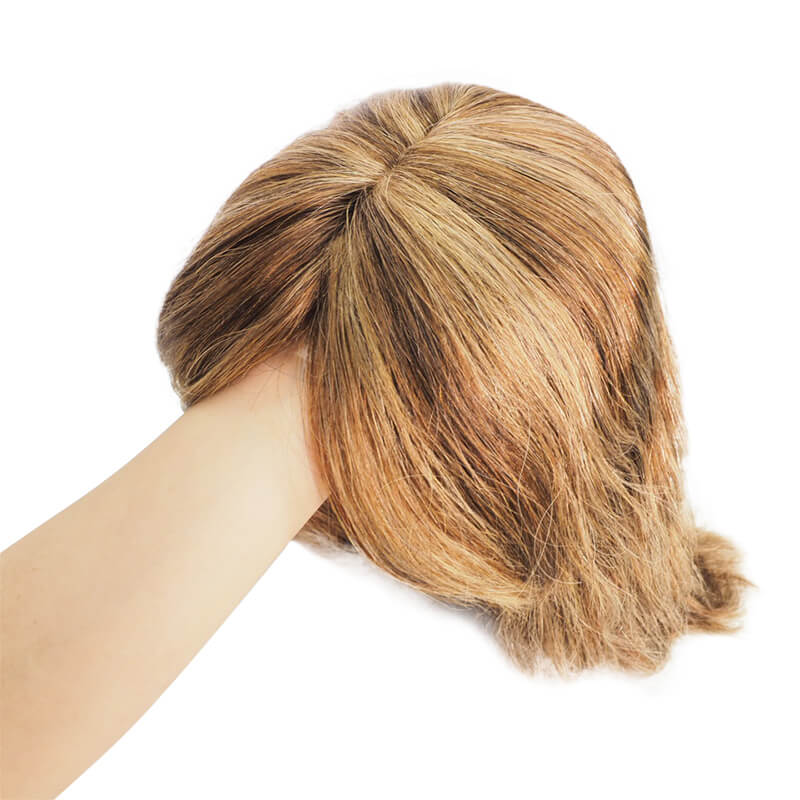Caramel Highlights Human Hair Topper With Bang For Women Hair Loss 13*13cm Silk Base