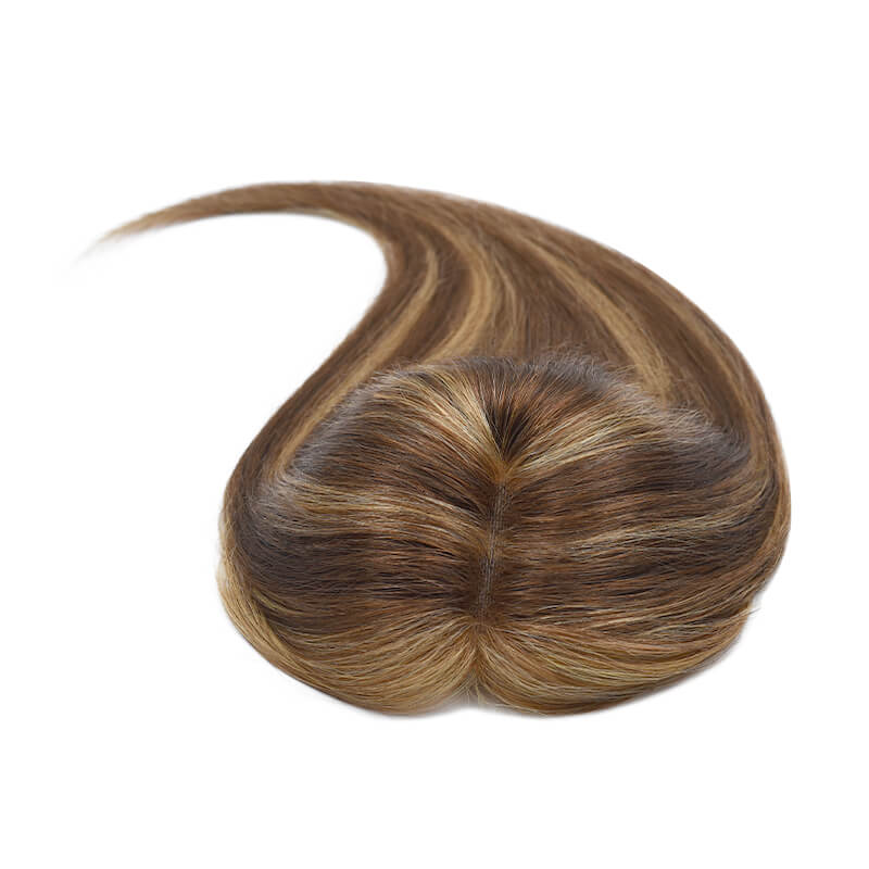Daphne – Echthaar-Topper mit Pony für dünnes Haar, 6 x 9 cm, Spitzenbasis, Karamell-Highlight