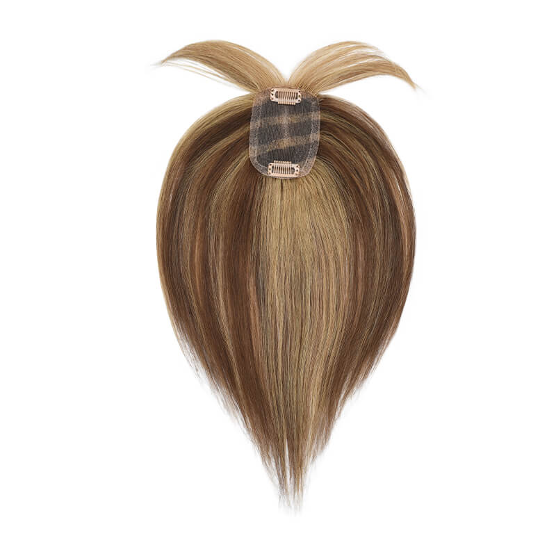 Daphne – Echthaar-Topper mit Pony für dünnes Haar, 6 x 9 cm, Spitzenbasis, Karamell-Highlight