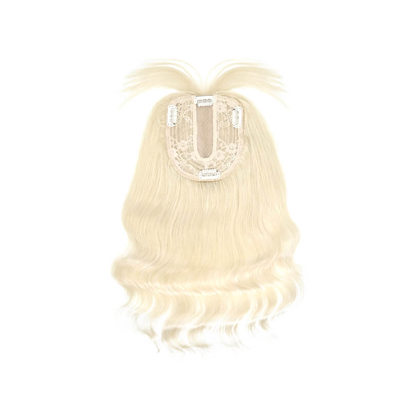 Susan – cheveux humains ondulés avec frange pour couronne amincissante, 10x12cm, Base en soie, blond platine