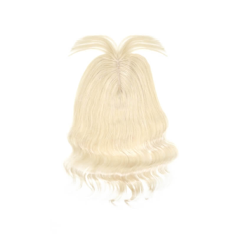 Susan – cheveux humains ondulés avec frange pour couronne amincissante, 10x12cm, Base en soie, blond platine