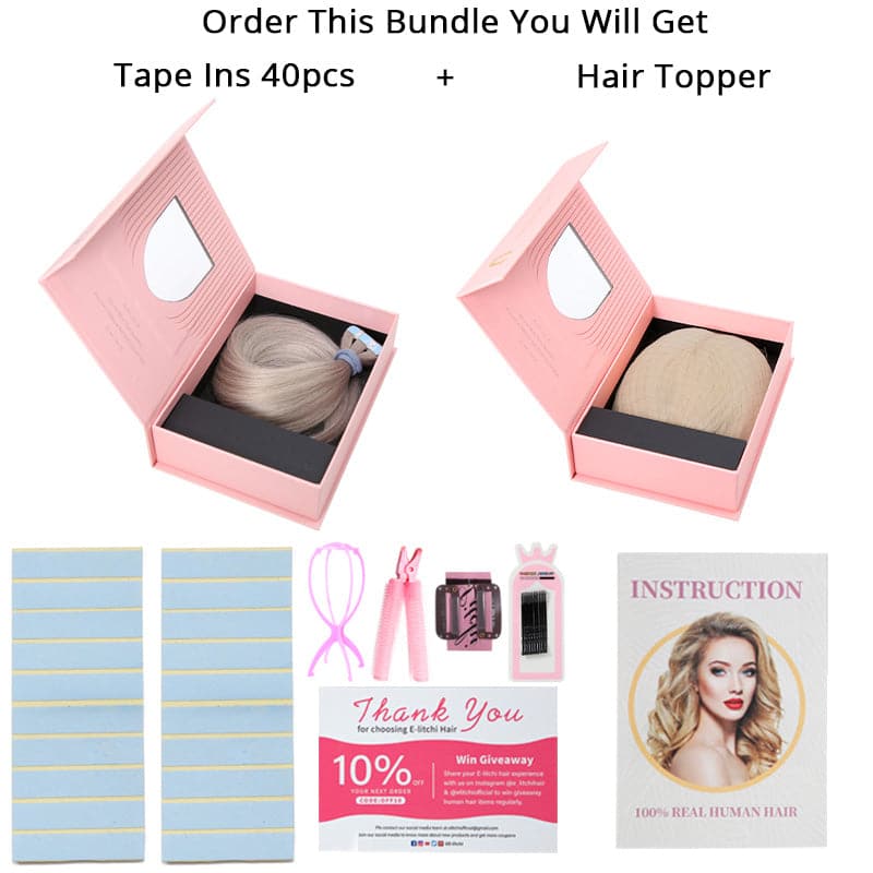 Human Hair Topper With Bangs & Tape Ins 40pcs Bundle More Items Less Cost All Shades