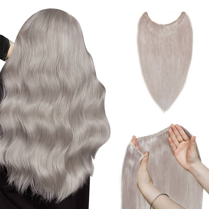 16-24" Grey Halo Extensions | Grey Human Extensions | E-LITCHI Hair