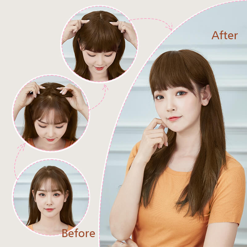 Best Medium Brown Clip | Human Hair Topper With Bangs | E-LITCHI Hair