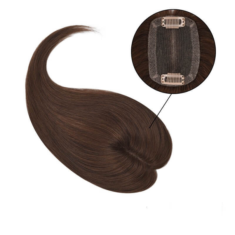 Daphne – Topper de cheveux humains avec frange pour cheveux fins, Base en dentelle 6x9CM, brun moyen