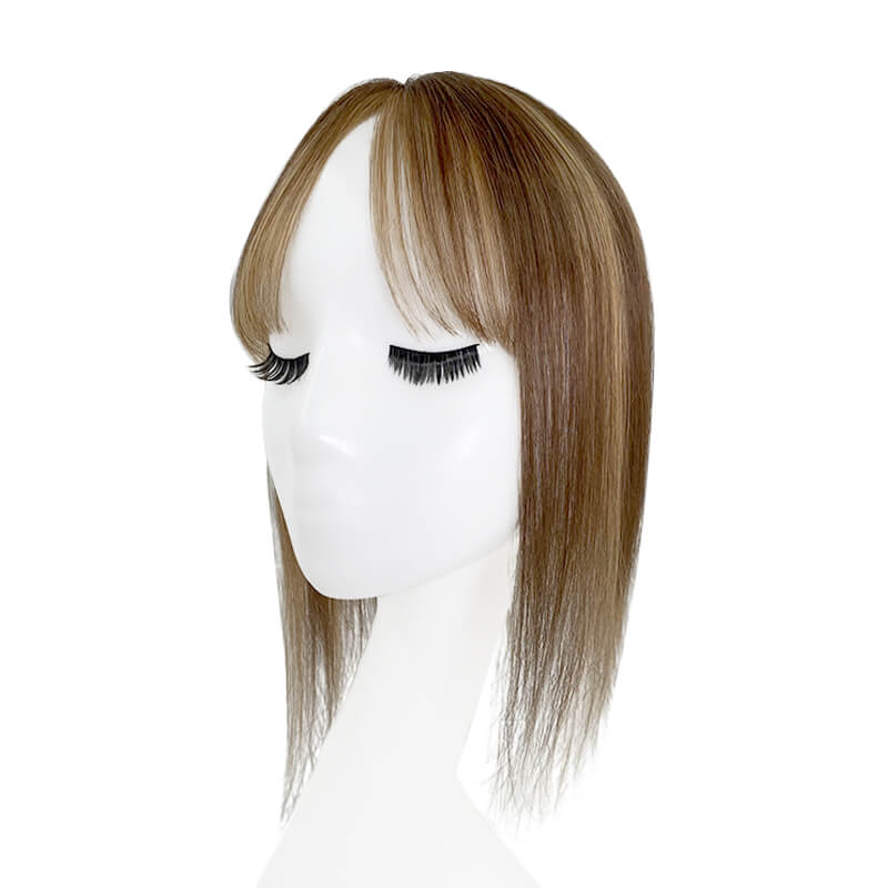 Daphne – Echthaar-Topper mit Pony für dünnes Haar, 6 x 9 cm, Spitzenbasis, Karamell-Highlight