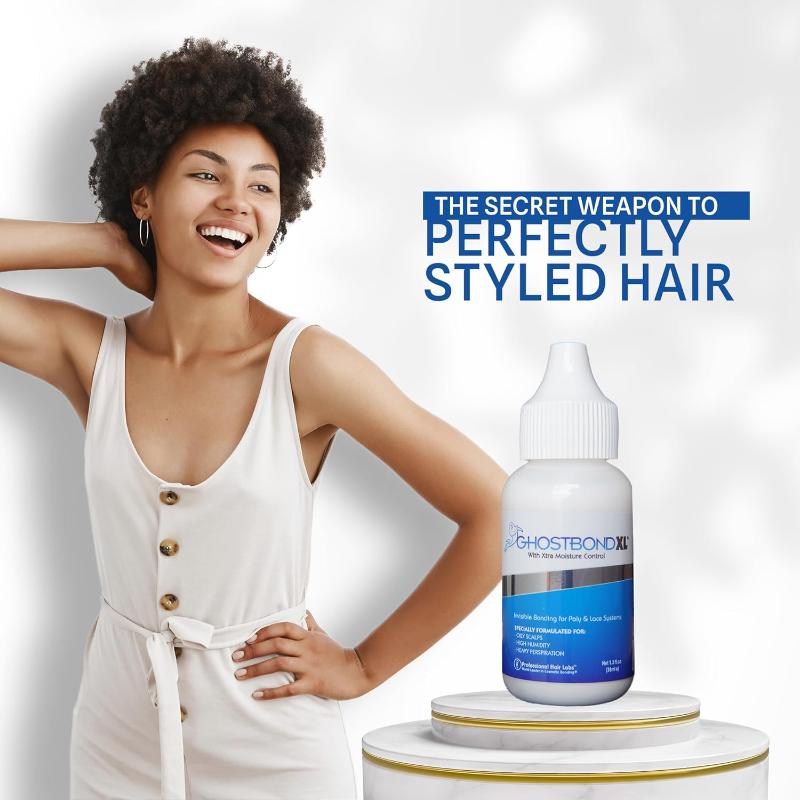 Latex-free wig adhesive by Ghost Bond, strong hold for all-day wear, ideal for hair systems