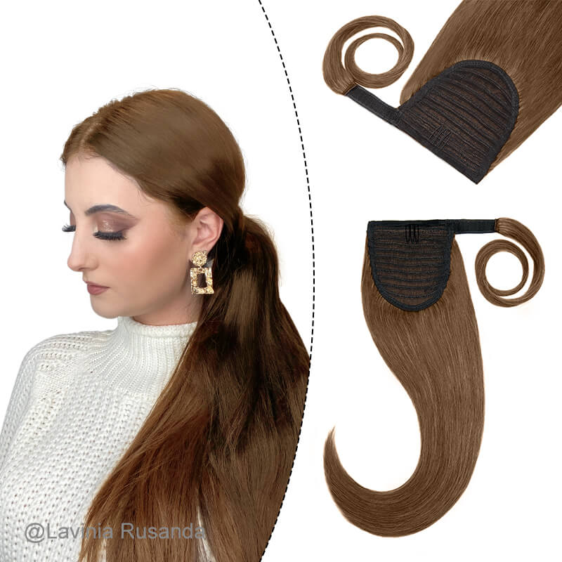 Extensions de cheveux humains bouclés bruns en queue de cheval