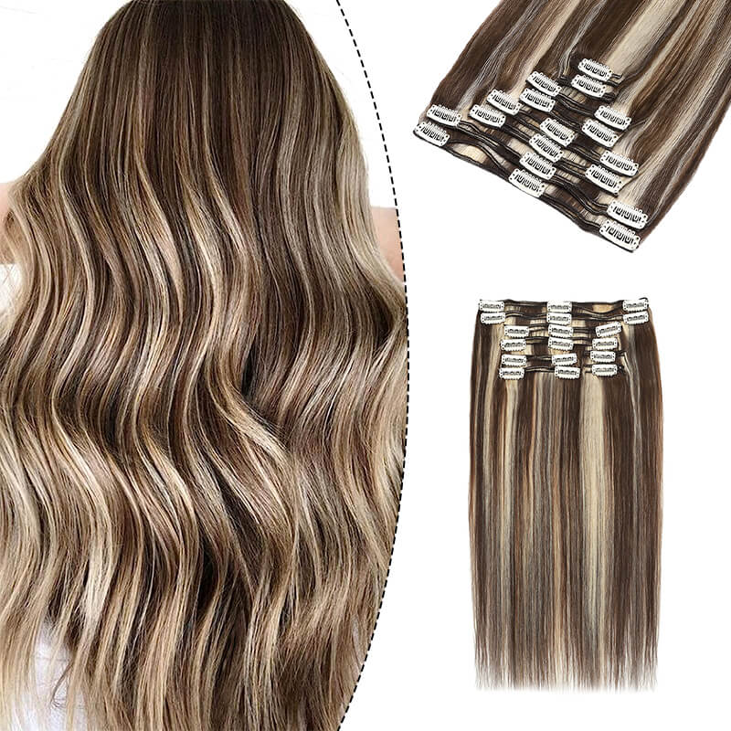 Caramel Highlights Clip In Human Hair Extensions Natural Straight Multi Wefts Full Volume