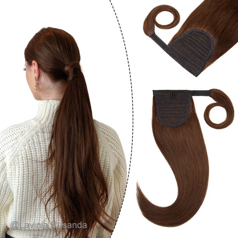Extensions de cheveux humains bouclés bruns en queue de cheval