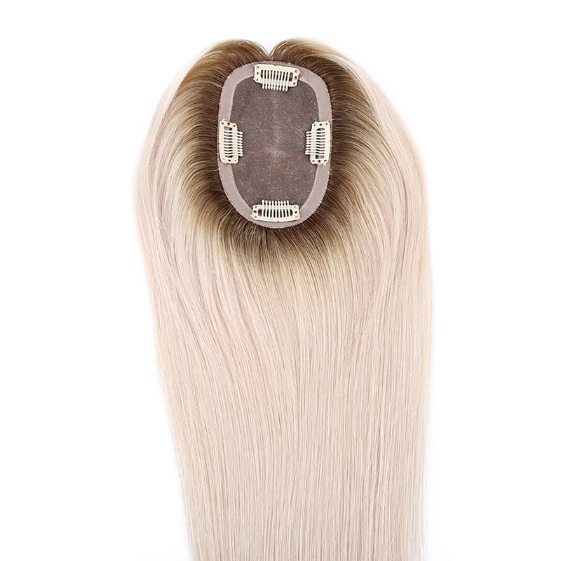 Ombre Dark Roots White Blonde Mono Top Human Hair Toppers for Women