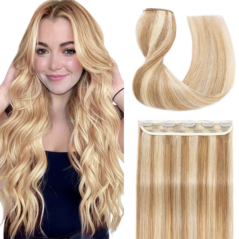 Long Clip In Human Hair Extensions With Highlights Golden Blonde