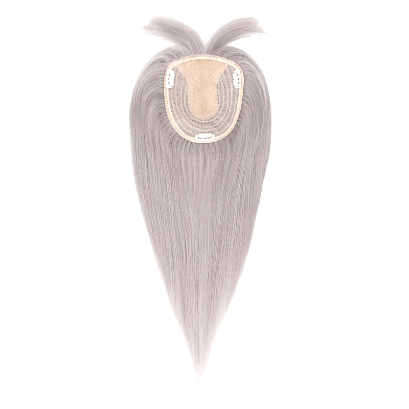 Silver Grey Human Hair Topper With Bangs For Thinning Hair 13*15cm Silk Base