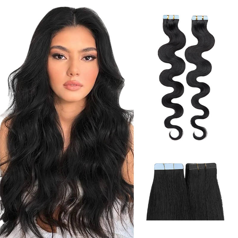 Black Wavy Tape Ins 20pcs For Thin Hair E-LITCHI® Hair