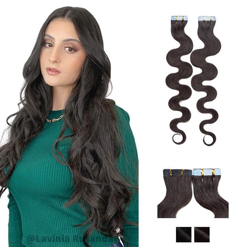 Black Wavy Tape Ins 20pcs For Thin Hair E-LITCHI® Hair