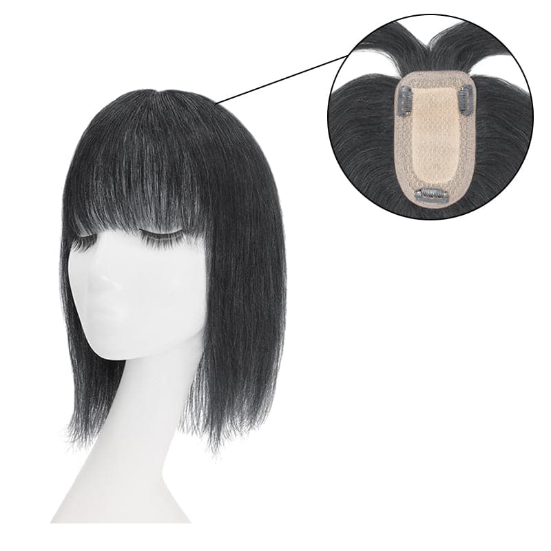 Jet Black Human Hair Topper With Bangs For Women Thinning Crown 7*13cm Base E-LITCHI Hair