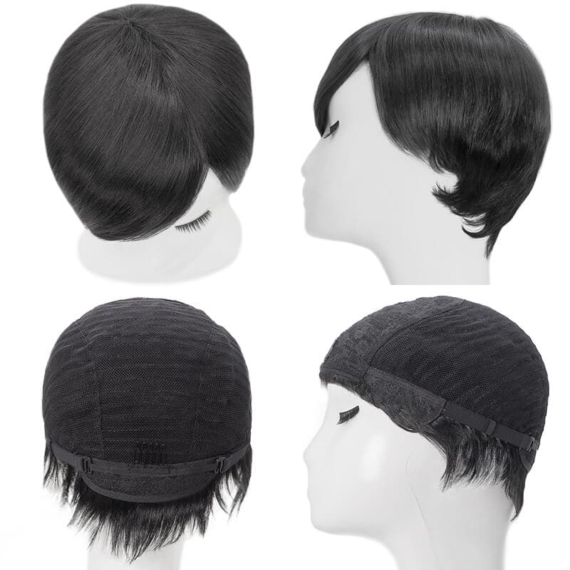 Short Pixie Cut Human Hair Wigs With Layered Side Bangs Glueless Jet Black