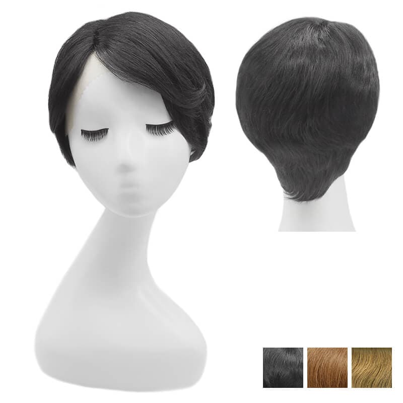 Perruque Pixie de cheveux humains avec raie sur le côté et boucles noires blondes auburn