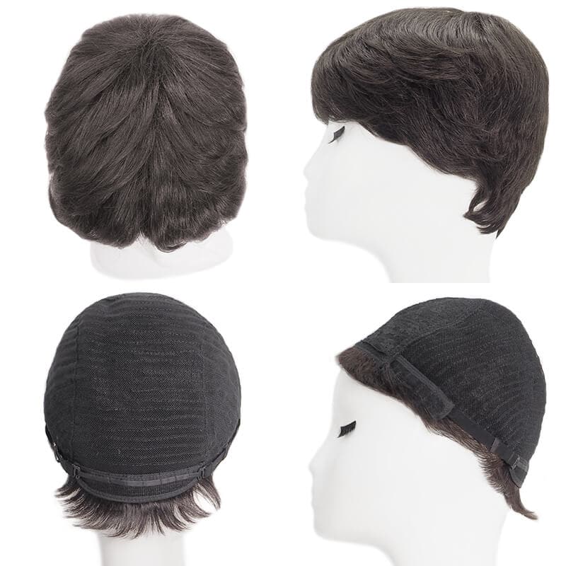 Short Pixie Human Hair Wigs With Bangs Free Parted Glueless Dark Brown