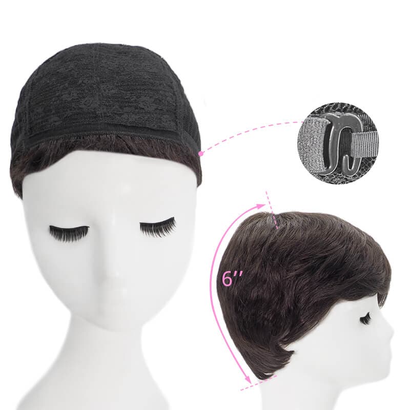 Short Pixie Human Hair Wigs With Bangs Free Parted Glueless Dark Brown