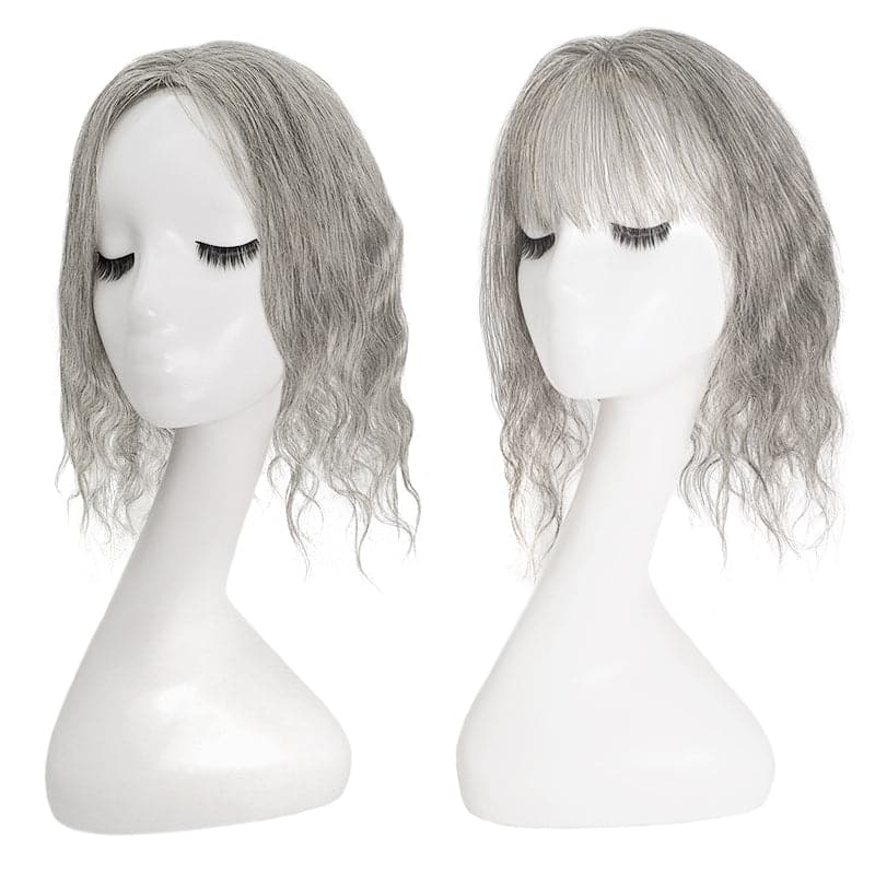Mixed Grey Wavy Human Hair Topper | 13-15cm Silk Base | E-LITCHI Hair