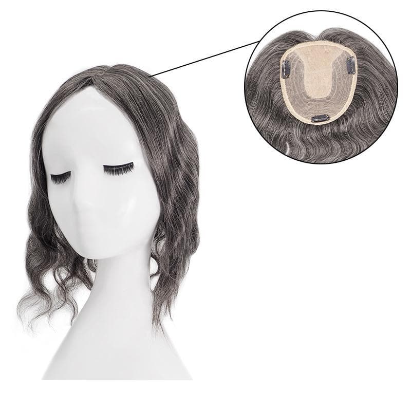 Mixed Grey Wavy Human Hair Topper 13*15cm Silk Base E-LITCHI Hair