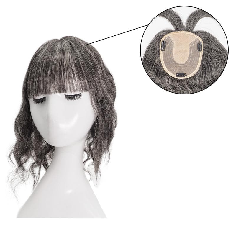 Mixed Grey Wavy Human Hair Topper 13*15cm Silk Base E-LITCHI Hair
