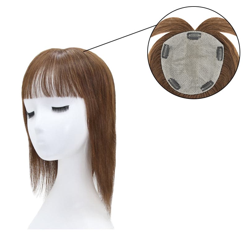 Human Hair Topper With Bangs Medium Brown 15*16cm Base E-LITCHI