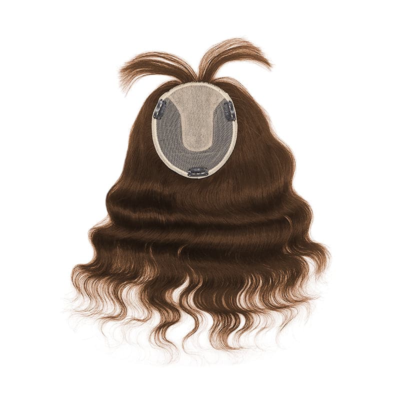 Wavy Human Hair Topper With Bangs For Thinning Hair Medium Brown 13*15cm Silk Base E-LITCHI