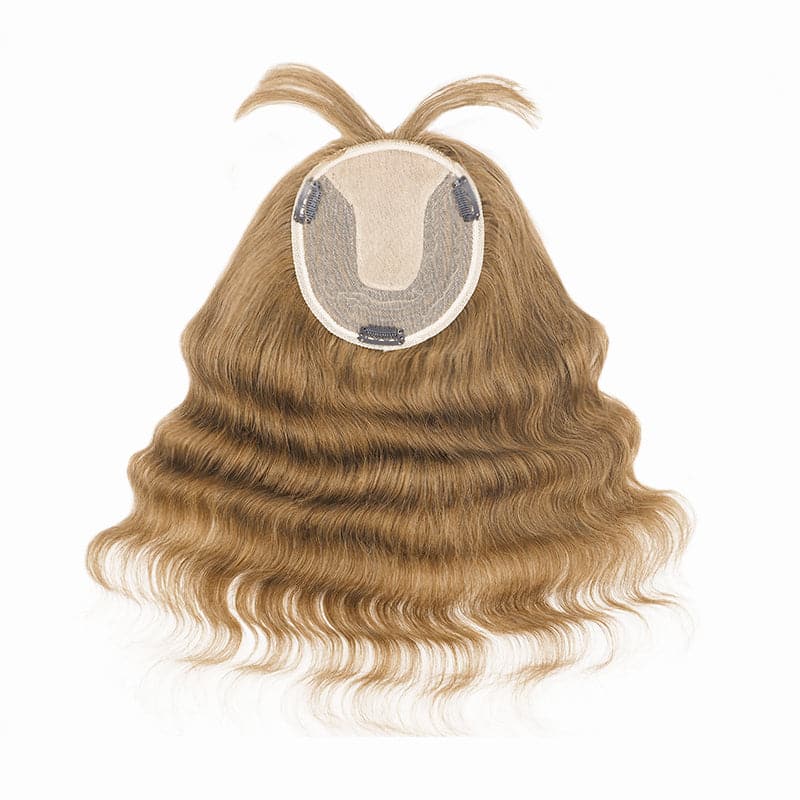 Wavy Human Hair Topper With Bangs For Thinning Hair Light Brown 13*15cm Silk Base E-LITCHI