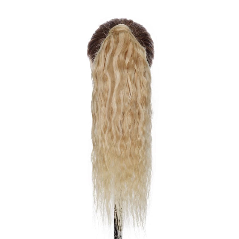 Ponytail Human Hair Extensions Curly Blonde Highlight Wrap Around E-LITCHI