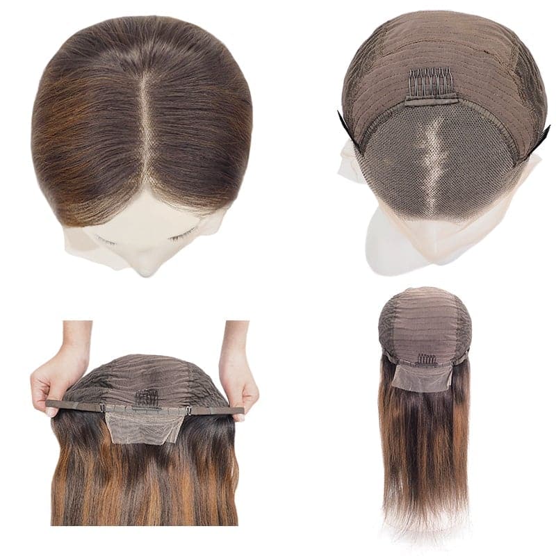 Lace Front Human Hair 13x4 Long Wigs Straight Black Ombre Mix Brown Middle Part E-LITCHI Hair