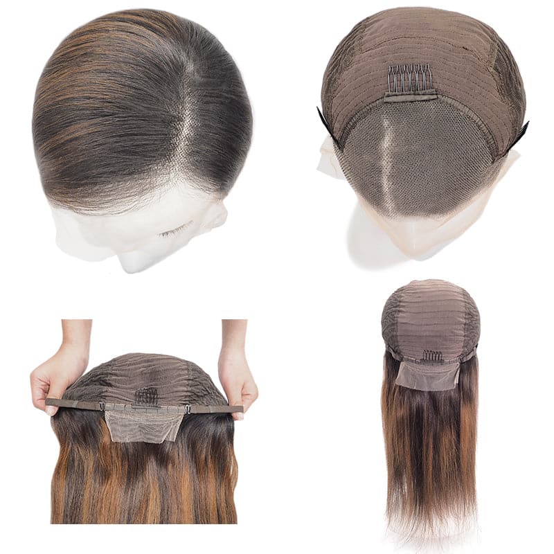 Lace Front 13x4 Human Hair Long Wigs Straight Black Ombre Mix Brown Side Part E-LITCHI Hair