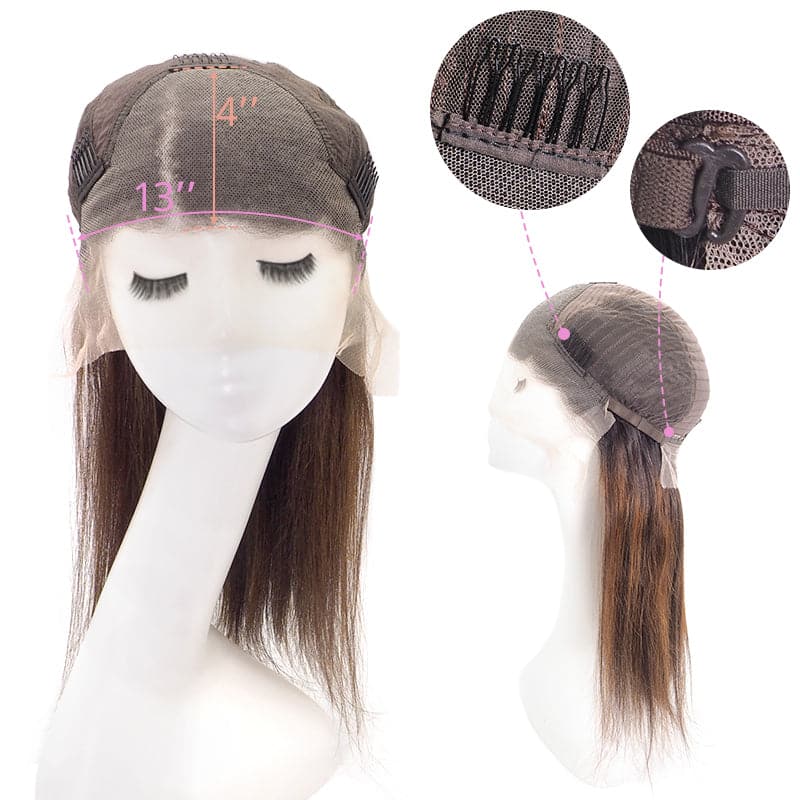 Lace Front 13x4 Human Hair Long Wigs Straight Black Ombre Mix Brown Side Part E-LITCHI Hair