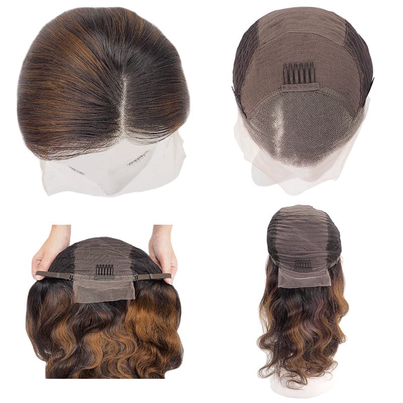 Lace Front 13x4 Human Hair Long Wigs Wavy Black Ombre Mix Brown Side Part E-LITCHI Hair