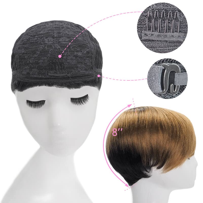 Short Pixie Cut Human Hair Wigs With Layered Side Bangs Glueless Natural Black Ombre Dark Blonde
