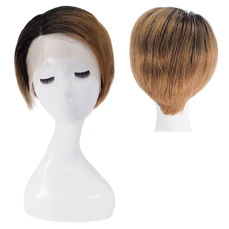 Cheveux humains courts coupe lutin dentelle avant côté séparé couches Bob perruque noir ombre Auburn