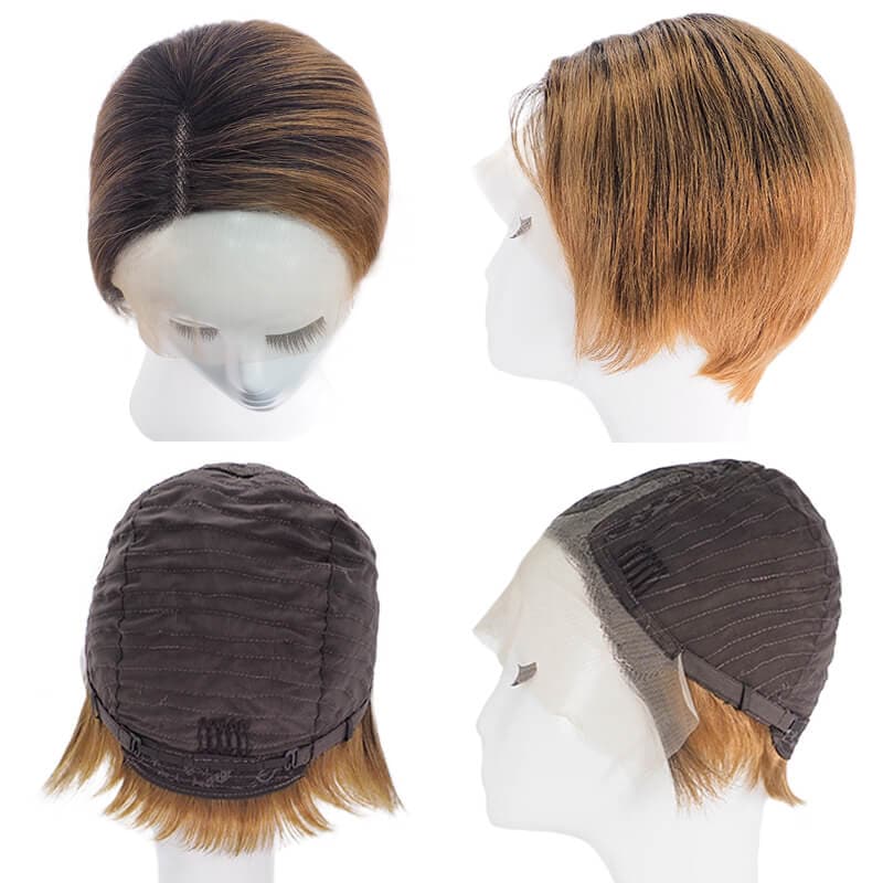 Cheveux humains courts coupe lutin dentelle avant côté séparé couches Bob perruque noir ombre Auburn
