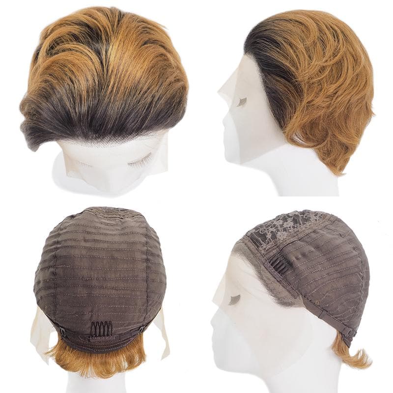 Short Pixie Cut Human Hair Wigs Lace Front Wavy Bob Wig Black Blonde & Ombre E-LITCHI Hair