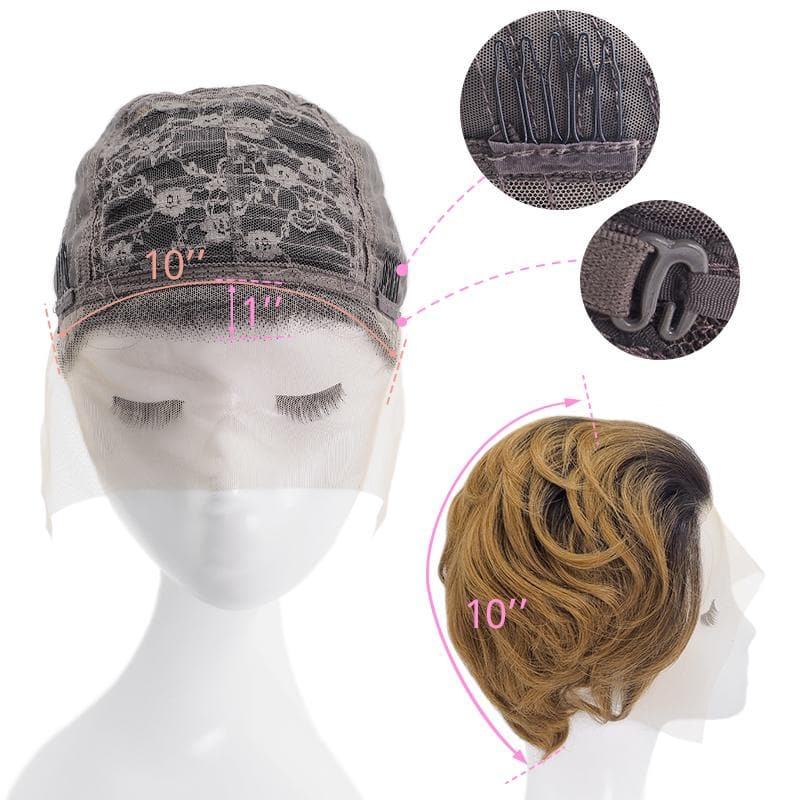 Short Pixie Cut Human Hair Wigs Lace Front Wavy Bob Wig Black Blonde & Ombre E-LITCHI Hair