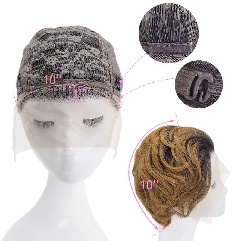 Short Pixie Cut Human Hair Wigs Lace Front Wavy Bob Wig Black Ombre Auburn