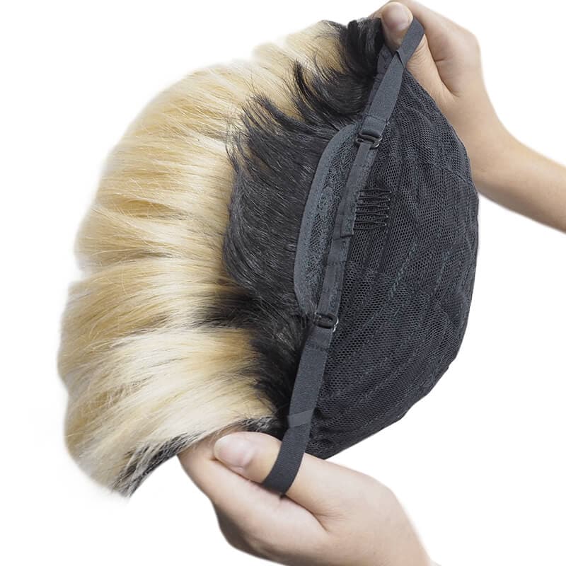 Short Pixie Cut Human Hair Wigs With Layered Side Bangs Glueless Natural Black Ombre Bleach Blonde