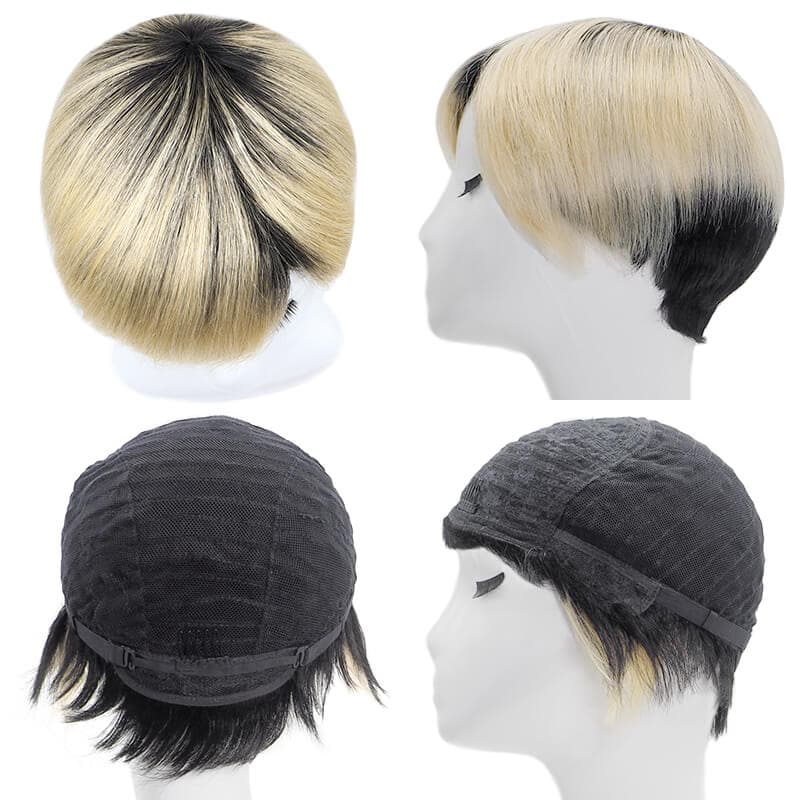 Short Pixie Cut Human Hair Wigs With Layered Side Bangs Glueless Natural Black Ombre Bleach Blonde