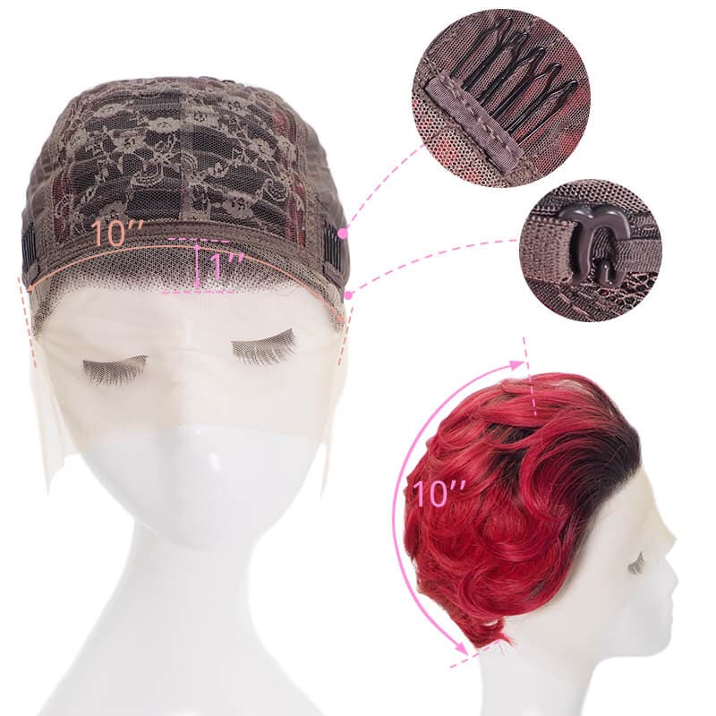 Short Pixie Cut Human Hair Wigs Lace Front Wavy Bob Wig Black Ombre Burgundy