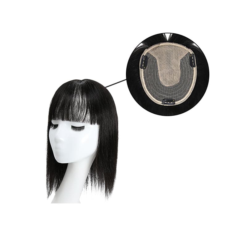 Human Hair Topper With Bangs For Thinning Hair Natural Black 13*15cm Silk Base E-LITCHI